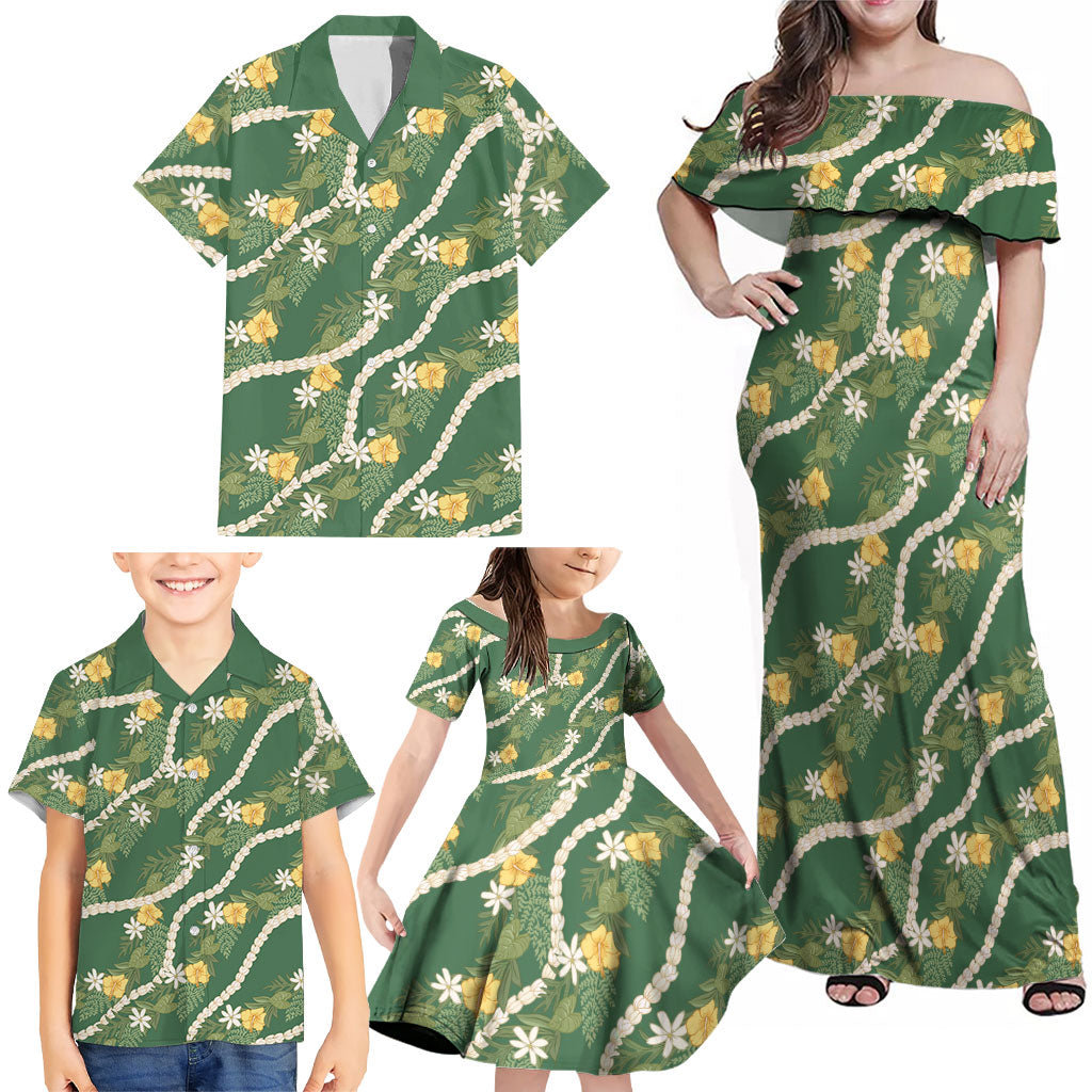 Hawaiian Pikake Maile Lei Family Matching Off Shoulder Maxi Dress and Hawaiian Shirt Tiare Hibiscus Kalo Palapalai Leaf Green