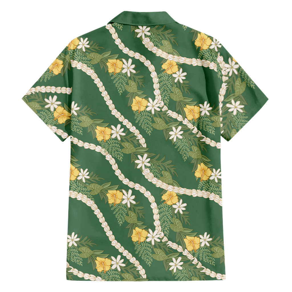 Hawaiian Pikake Maile Lei Family Matching Off Shoulder Maxi Dress and Hawaiian Shirt Tiare Hibiscus Kalo Palapalai Leaf Green LT19 - Polynesian Pride