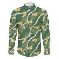Hawaiian Pikake Maile Lei Family Matching Off Shoulder Maxi Dress and Hawaiian Shirt Tiare Hibiscus Kalo Palapalai Leaf Green LT19 Dad's Shirt - Long Sleeve Green - Polynesian Pride