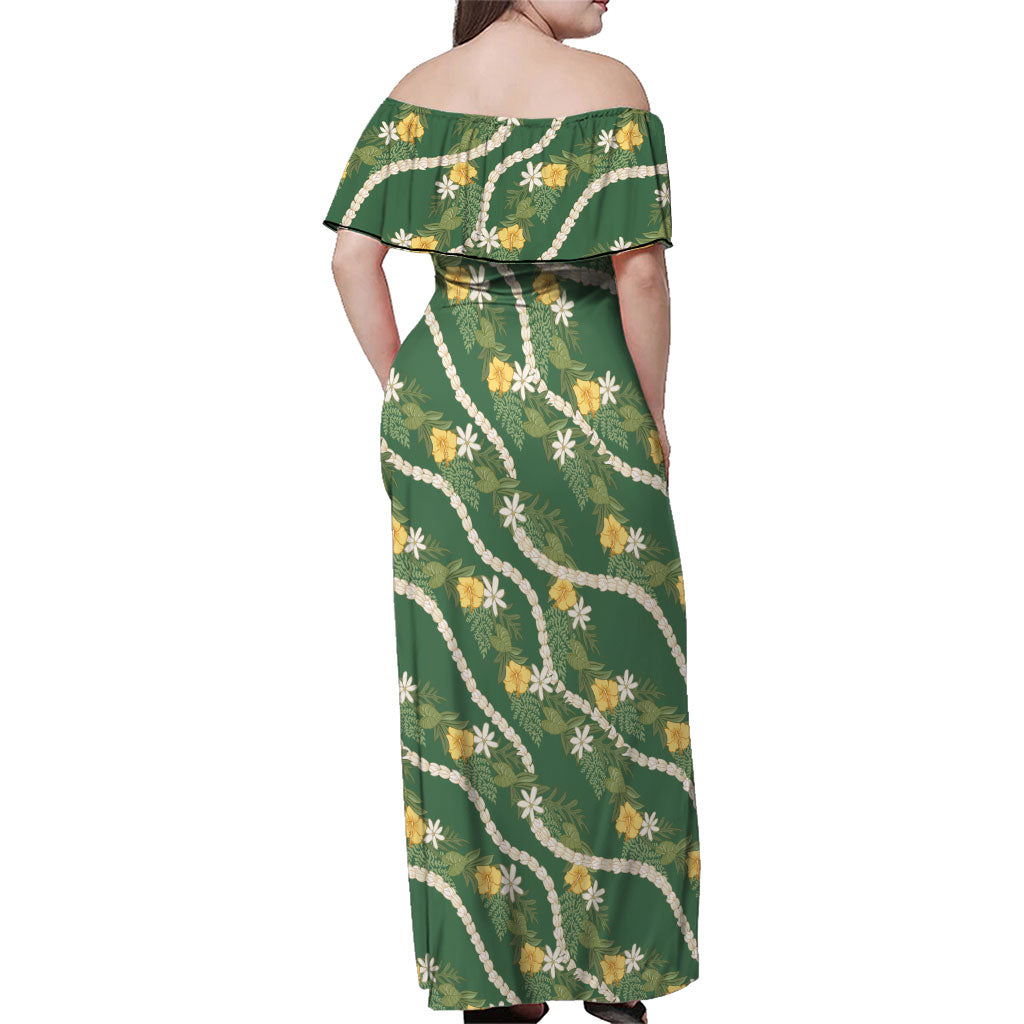 Hawaiian Pikake Maile Lei Family Matching Off Shoulder Maxi Dress and Hawaiian Shirt Tiare Hibiscus Kalo Palapalai Leaf Green LT19 - Polynesian Pride