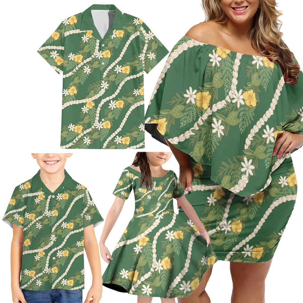 Hawaiian Pikake Maile Lei Family Matching Off Shoulder Short Dress and Hawaiian Shirt Tiare Hibiscus Kalo Palapalai Leaf Green LT19 - Polynesian Pride