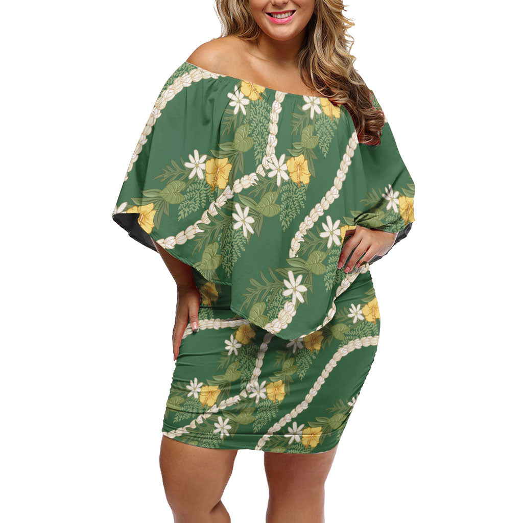 Hawaiian Pikake Maile Lei Family Matching Off Shoulder Short Dress and Hawaiian Shirt Tiare Hibiscus Kalo Palapalai Leaf Green LT19 Mom's Dress Green - Polynesian Pride