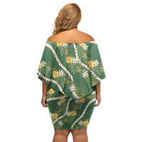 Hawaiian Pikake Maile Lei Family Matching Off Shoulder Short Dress and Hawaiian Shirt Tiare Hibiscus Kalo Palapalai Leaf Green LT19 - Polynesian Pride