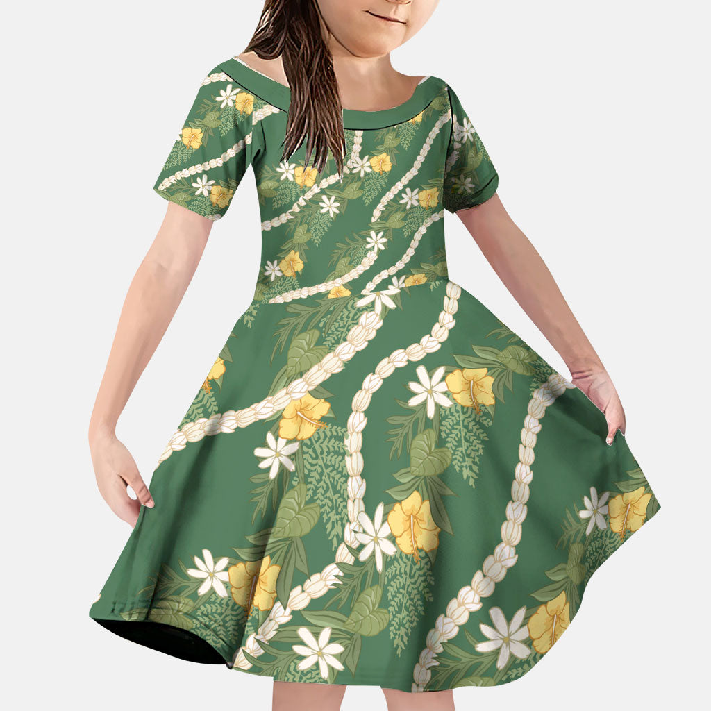 Hawaiian Pikake Maile Lei Family Matching Puletasi and Hawaiian Shirt Tiare Hibiscus Kalo Palapalai Leaf Green LT19 Daughter's Dress Green - Polynesian Pride