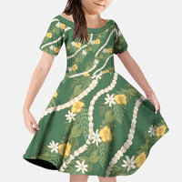 Hawaiian Pikake Maile Lei Family Matching Puletasi and Hawaiian Shirt Tiare Hibiscus Kalo Palapalai Leaf Green LT19 Daughter's Dress Green - Polynesian Pride