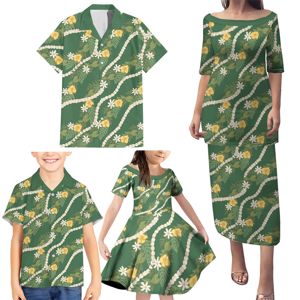 Hawaiian Pikake Maile Lei Family Matching Puletasi and Hawaiian Shirt Tiare Hibiscus Kalo Palapalai Leaf Green LT19 - Polynesian Pride