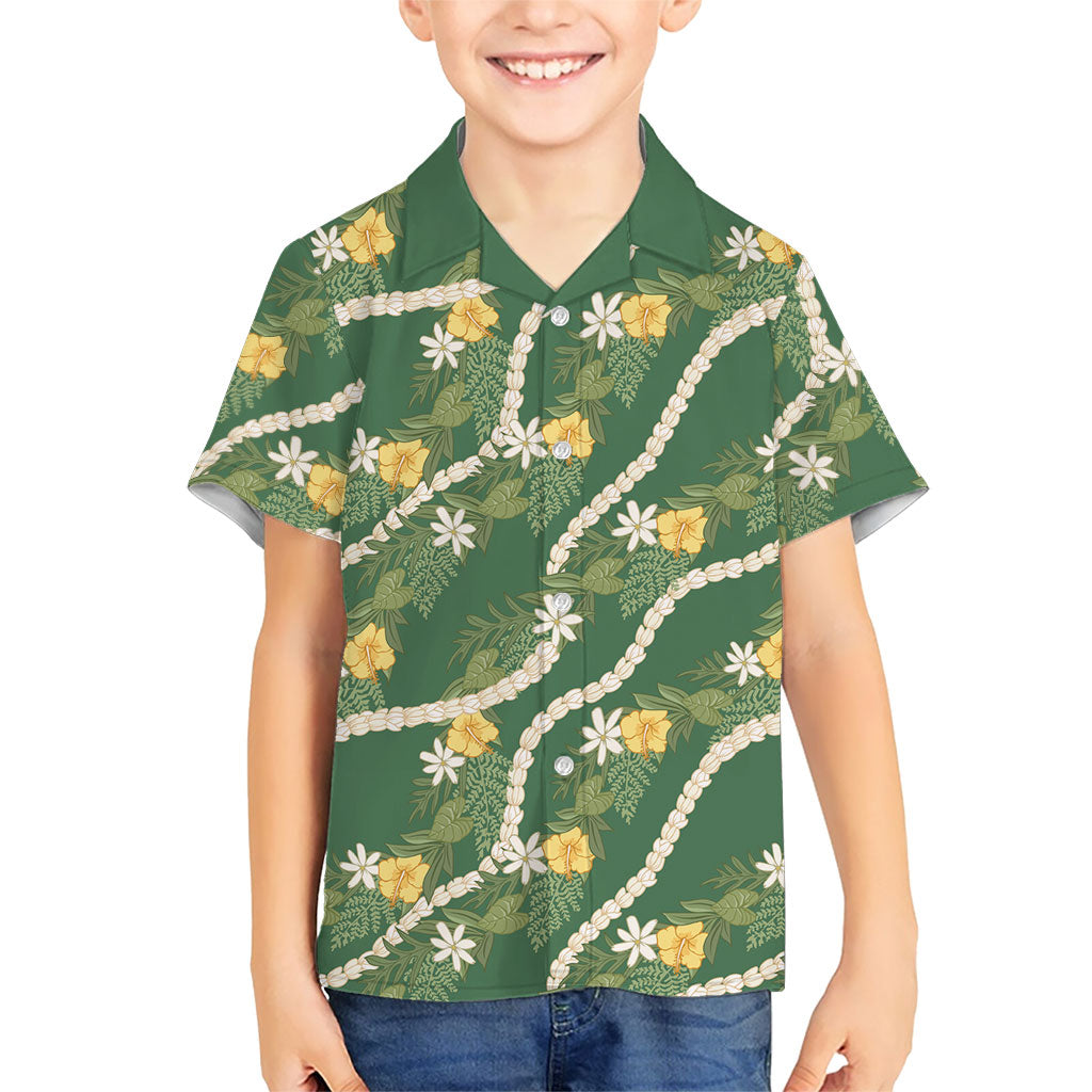 Hawaiian Pikake Maile Lei Family Matching Puletasi and Hawaiian Shirt Tiare Hibiscus Kalo Palapalai Leaf Green LT19 Son's Shirt Green - Polynesian Pride