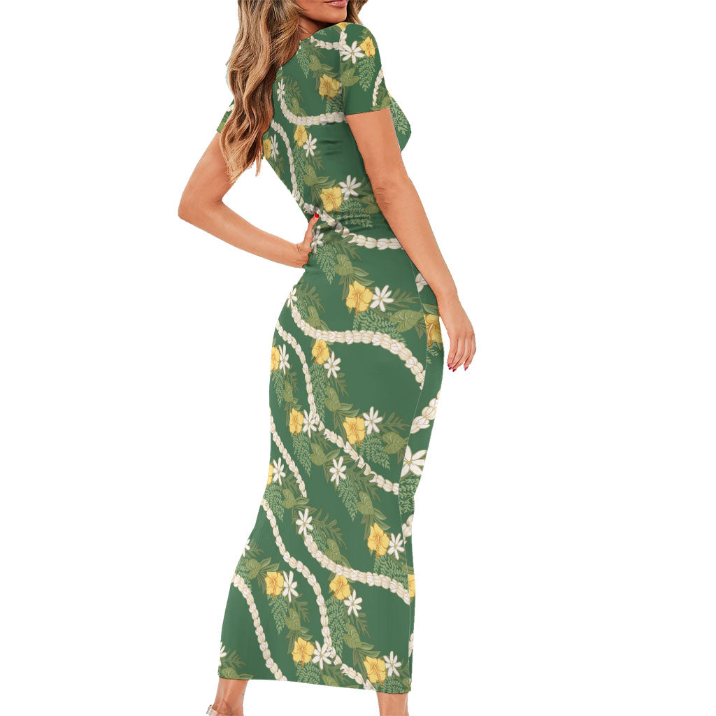 Hawaiian Pikake Maile Lei Family Matching Short Sleeve Bodycon Dress and Hawaiian Shirt Tiare Hibiscus Kalo Palapalai Leaf Green LT19 - Polynesian Pride