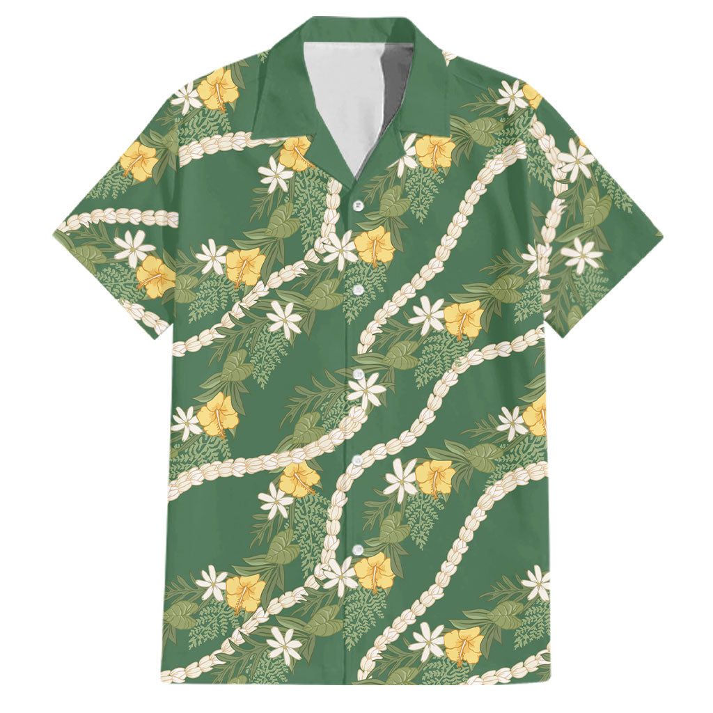 Hawaiian Pikake Maile Lei Family Matching Summer Maxi Dress and Hawaiian Shirt Tiare Hibiscus Kalo Palapalai Leaf Green LT19 Dad's Shirt - Short Sleeve Green - Polynesian Pride