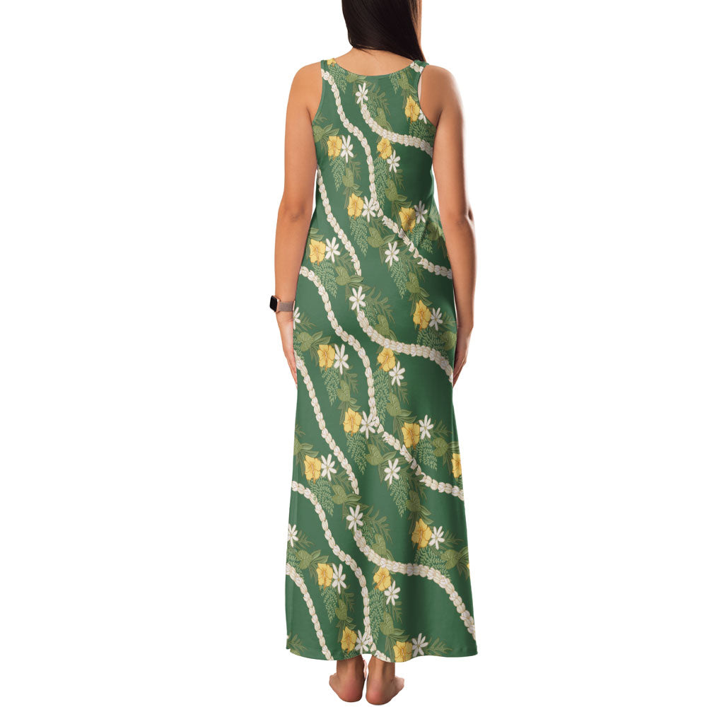 Hawaiian Pikake Maile Lei Family Matching Tank Maxi Dress and Hawaiian Shirt Tiare Hibiscus Kalo Palapalai Leaf Green LT19 - Polynesian Pride