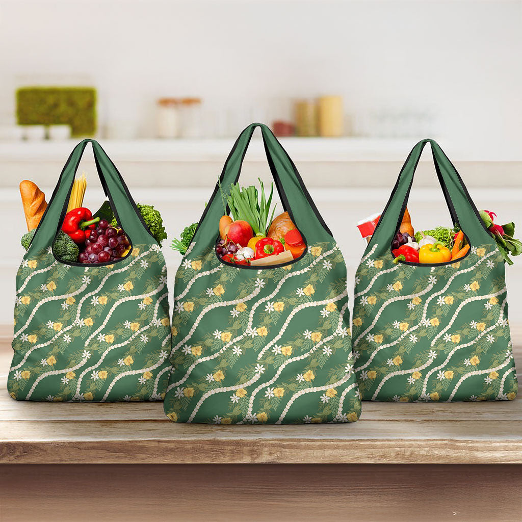 Hawaiian Pikake Maile Lei Grocery Bag Tiare Hibiscus Kalo Palapalai Leaf Green