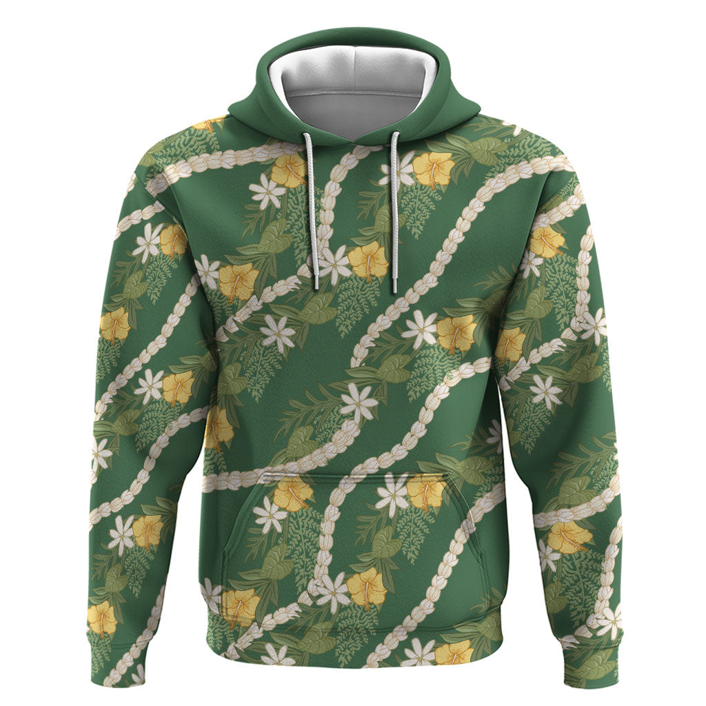 Hawaiian Pikake Maile Lei Hoodie Tiare Hibiscus Kalo Palapalai Leaf Green