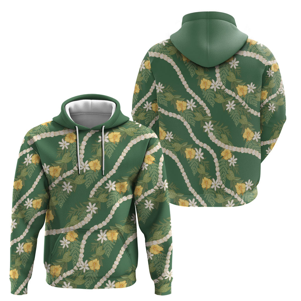 Hawaiian Pikake Maile Lei Hoodie Tiare Hibiscus Kalo Palapalai Leaf Green