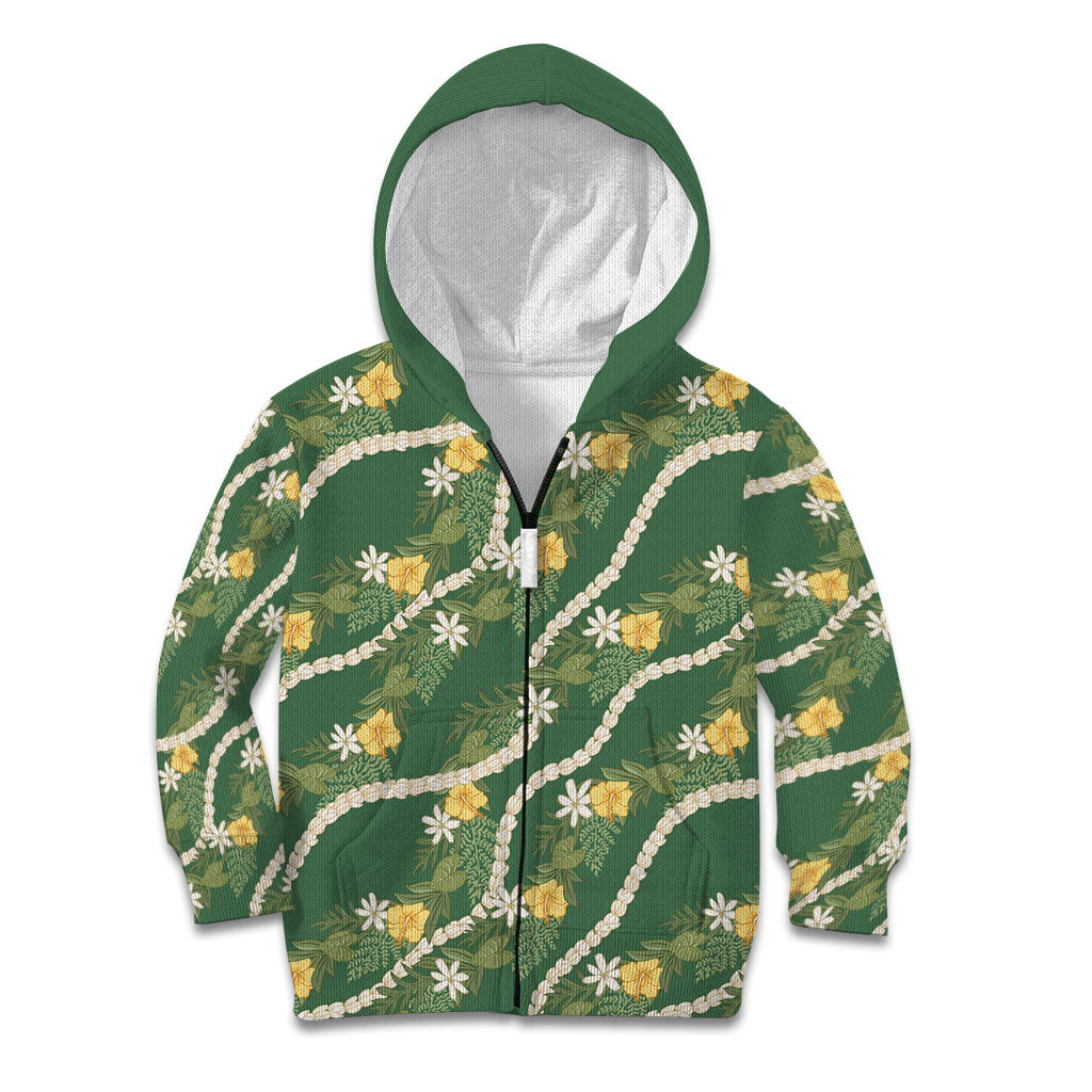 Hawaiian Pikake Maile Lei Kid Hoodie Tiare Hibiscus Kalo Palapalai Leaf Green