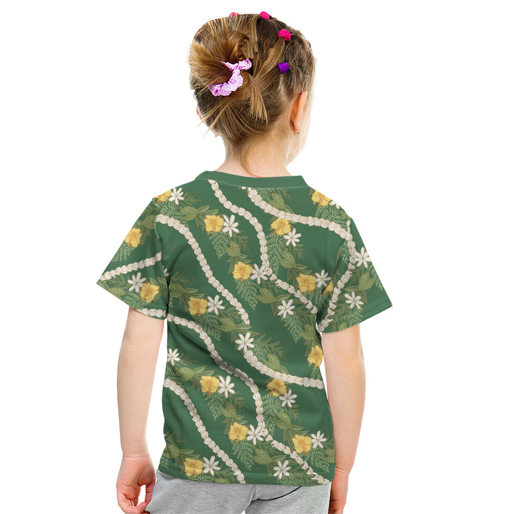 Hawaiian Pikake Maile Lei Kid T Shirt Tiare Hibiscus Kalo Palapalai Leaf Green