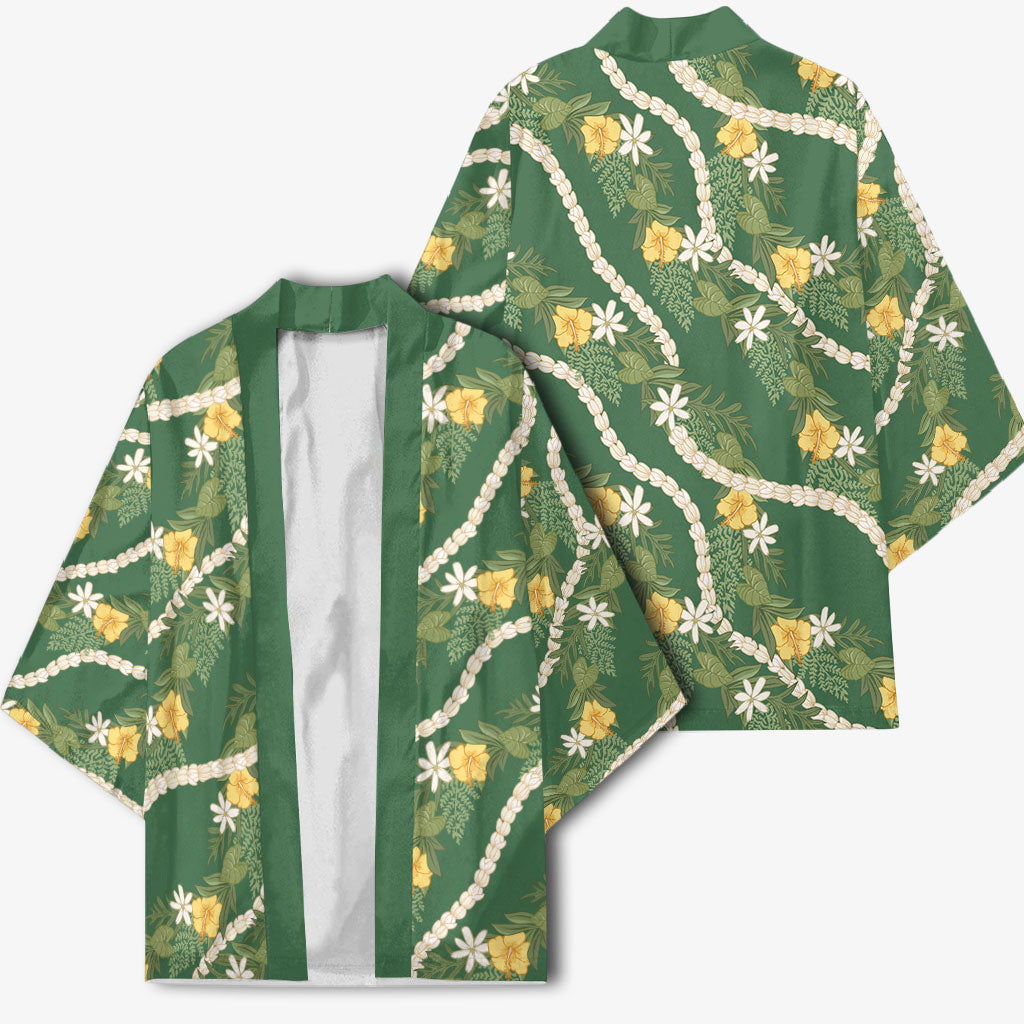 Hawaiian Pikake Maile Lei Kimono Tiare Hibiscus Kalo Palapalai Leaf Green