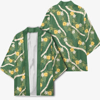 Hawaiian Pikake Maile Lei Kimono Tiare Hibiscus Kalo Palapalai Leaf Green