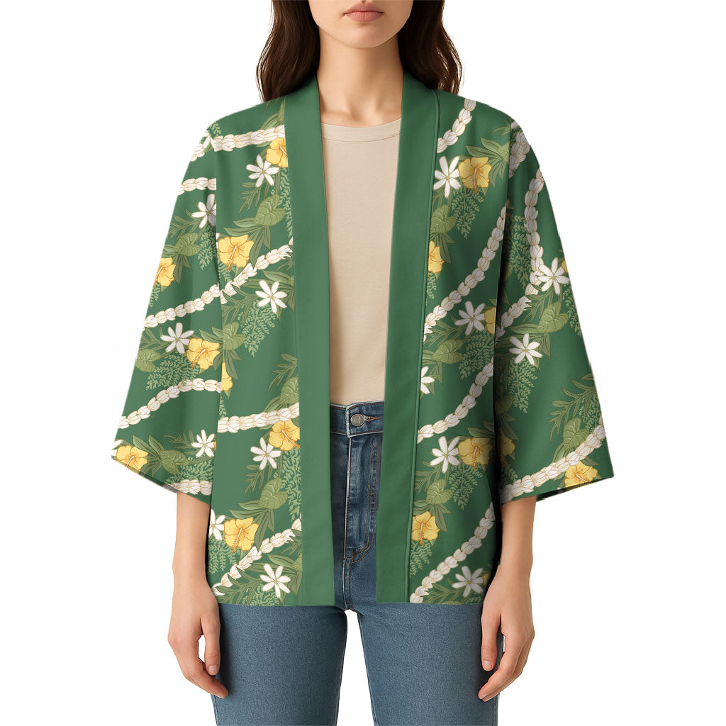 Hawaiian Pikake Maile Lei Kimono Tiare Hibiscus Kalo Palapalai Leaf Green