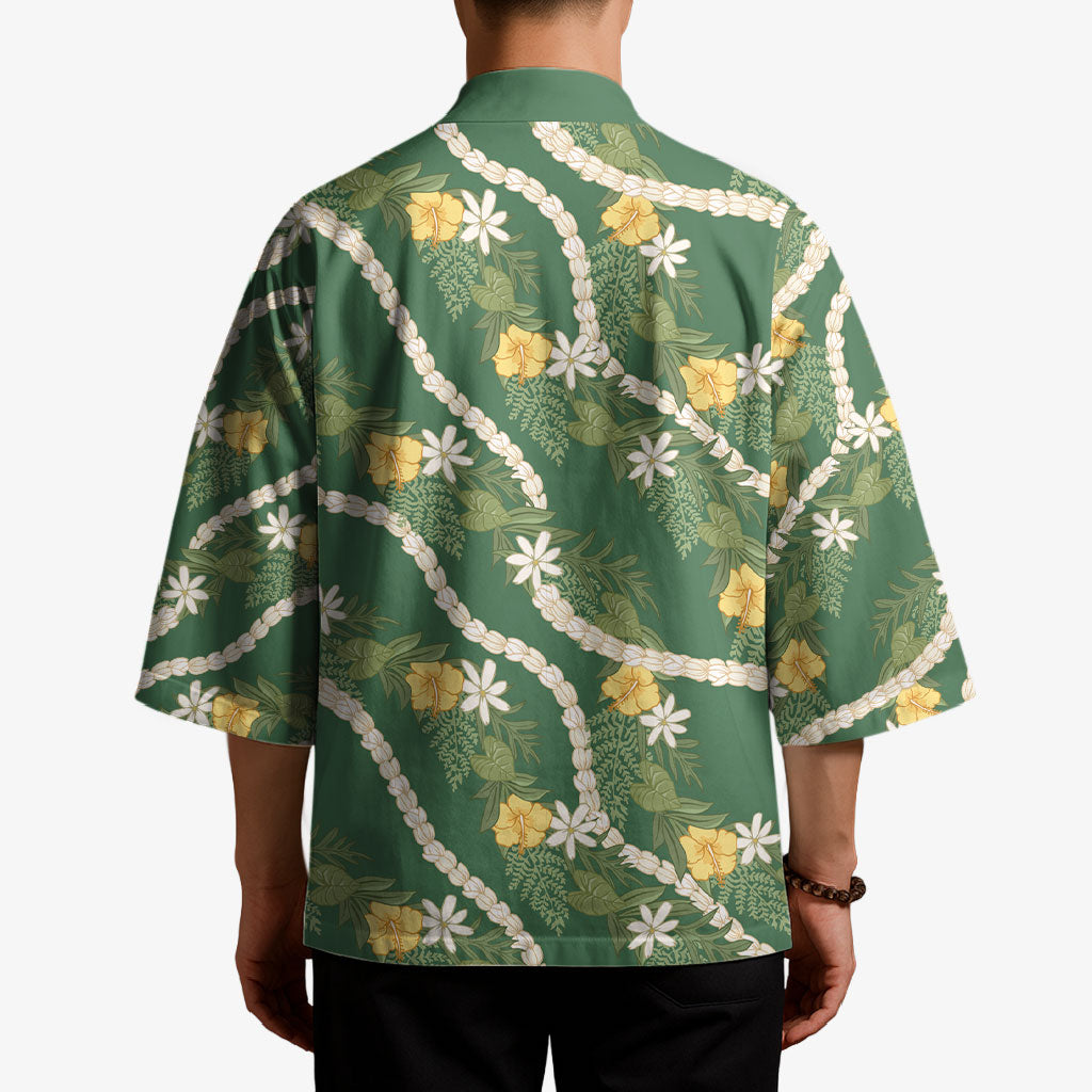 Hawaiian Pikake Maile Lei Kimono Tiare Hibiscus Kalo Palapalai Leaf Green