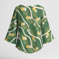 Hawaiian Pikake Maile Lei Kimono Sleeve Blouse Tiare Hibiscus Kalo Palapalai Leaf Green