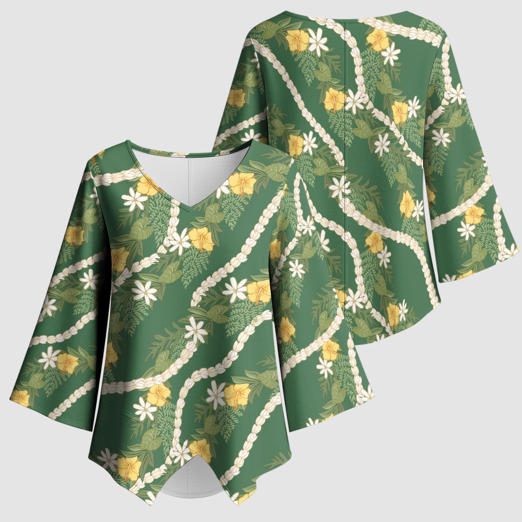 Hawaiian Pikake Maile Lei Kimono Sleeve Blouse Tiare Hibiscus Kalo Palapalai Leaf Green