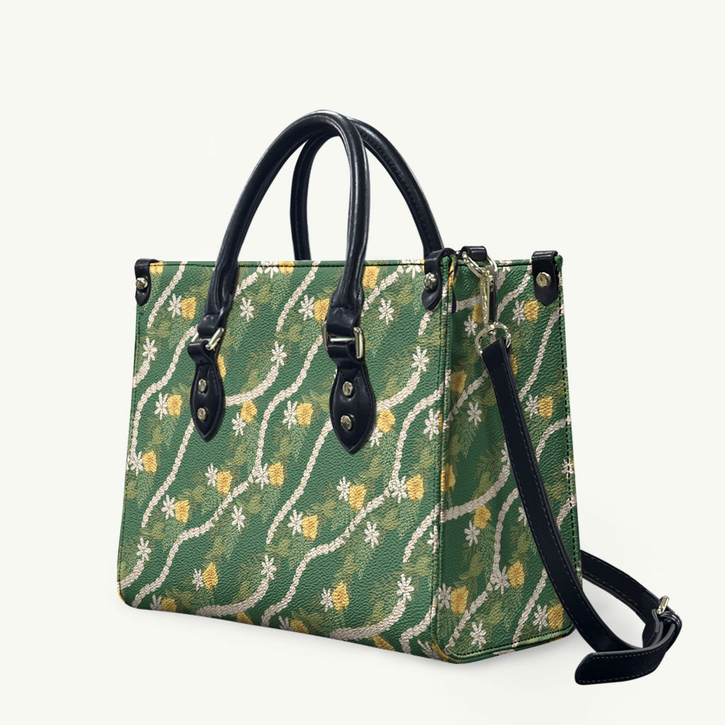 Hawaiian Pikake Maile Lei Leather Bag Tiare Hibiscus Kalo Palapalai Leaf Green