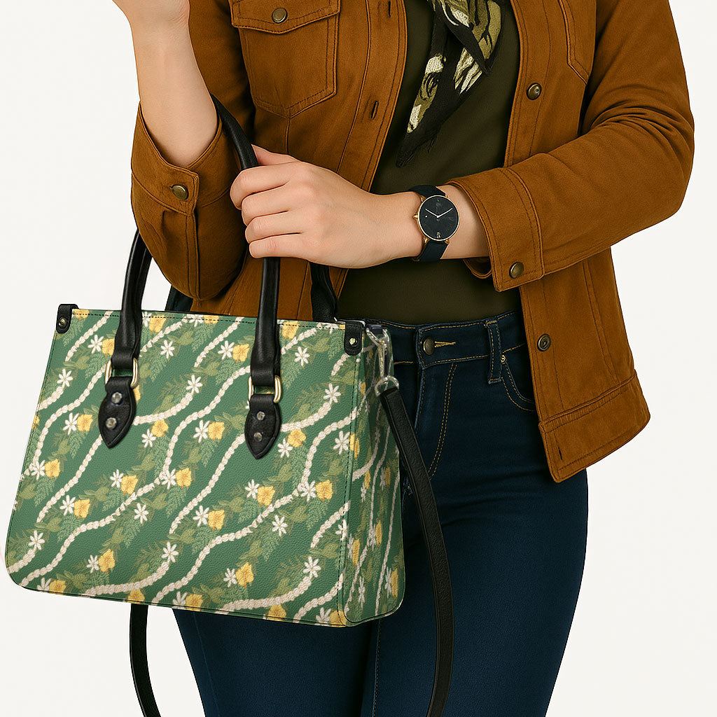 Hawaiian Pikake Maile Lei Leather Bag Tiare Hibiscus Kalo Palapalai Leaf Green