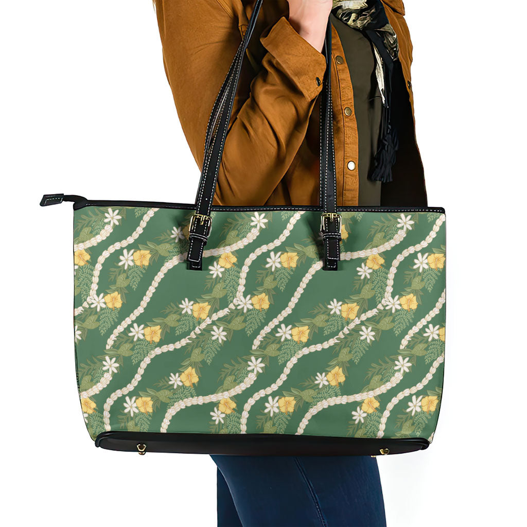Hawaiian Pikake Maile Lei Leather Tote Bag Tiare Hibiscus Kalo Palapalai Leaf Green