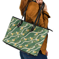 Hawaiian Pikake Maile Lei Leather Tote Bag Tiare Hibiscus Kalo Palapalai Leaf Green