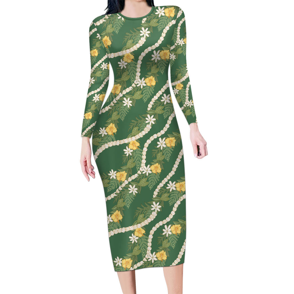 Hawaiian Pikake Maile Lei Long Sleeve Bodycon Dress Tiare Hibiscus Kalo Palapalai Leaf Green