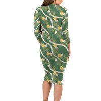 Hawaiian Pikake Maile Lei Long Sleeve Bodycon Dress Tiare Hibiscus Kalo Palapalai Leaf Green LT19 - Polynesian Pride