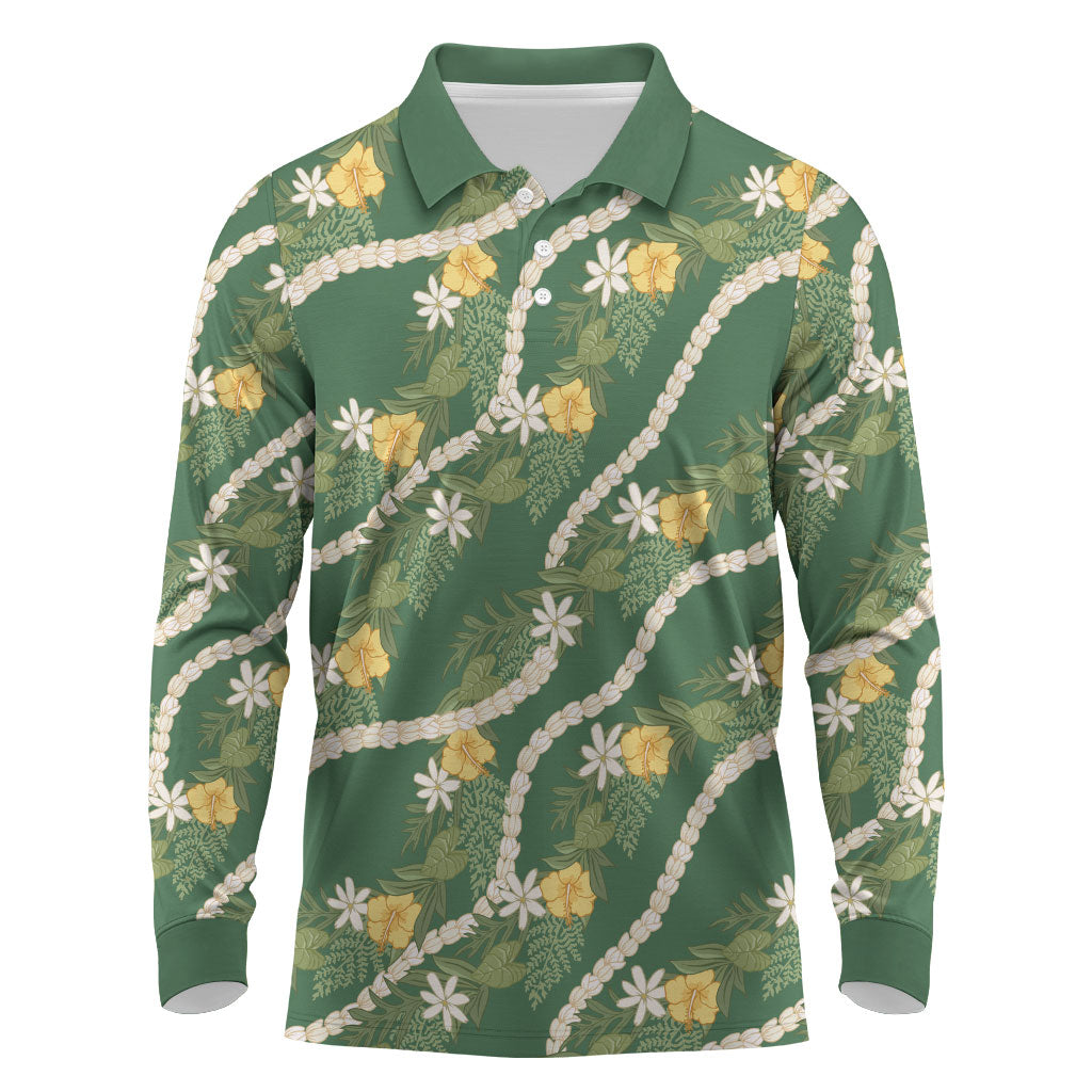 Hawaiian Pikake Maile Lei Long Sleeve Polo Shirt Tiare Hibiscus Kalo Palapalai Leaf Green LT19 Green - Polynesian Pride