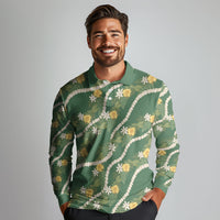 Hawaiian Pikake Maile Lei Long Sleeve Polo Shirt Tiare Hibiscus Kalo Palapalai Leaf Green LT19 - Polynesian Pride