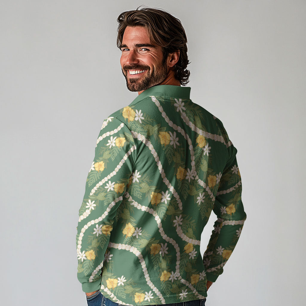 Hawaiian Pikake Maile Lei Long Sleeve Polo Shirt Tiare Hibiscus Kalo Palapalai Leaf Green LT19 - Polynesian Pride