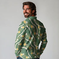 Hawaiian Pikake Maile Lei Long Sleeve Polo Shirt Tiare Hibiscus Kalo Palapalai Leaf Green LT19 - Polynesian Pride