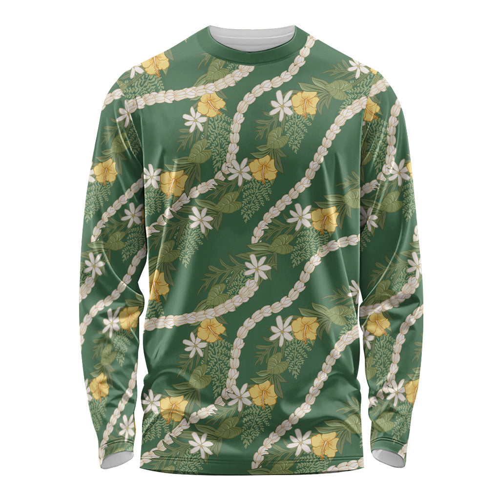 Hawaiian Pikake Maile Lei Long Sleeve Shirt Tiare Hibiscus Kalo Palapalai Leaf Green