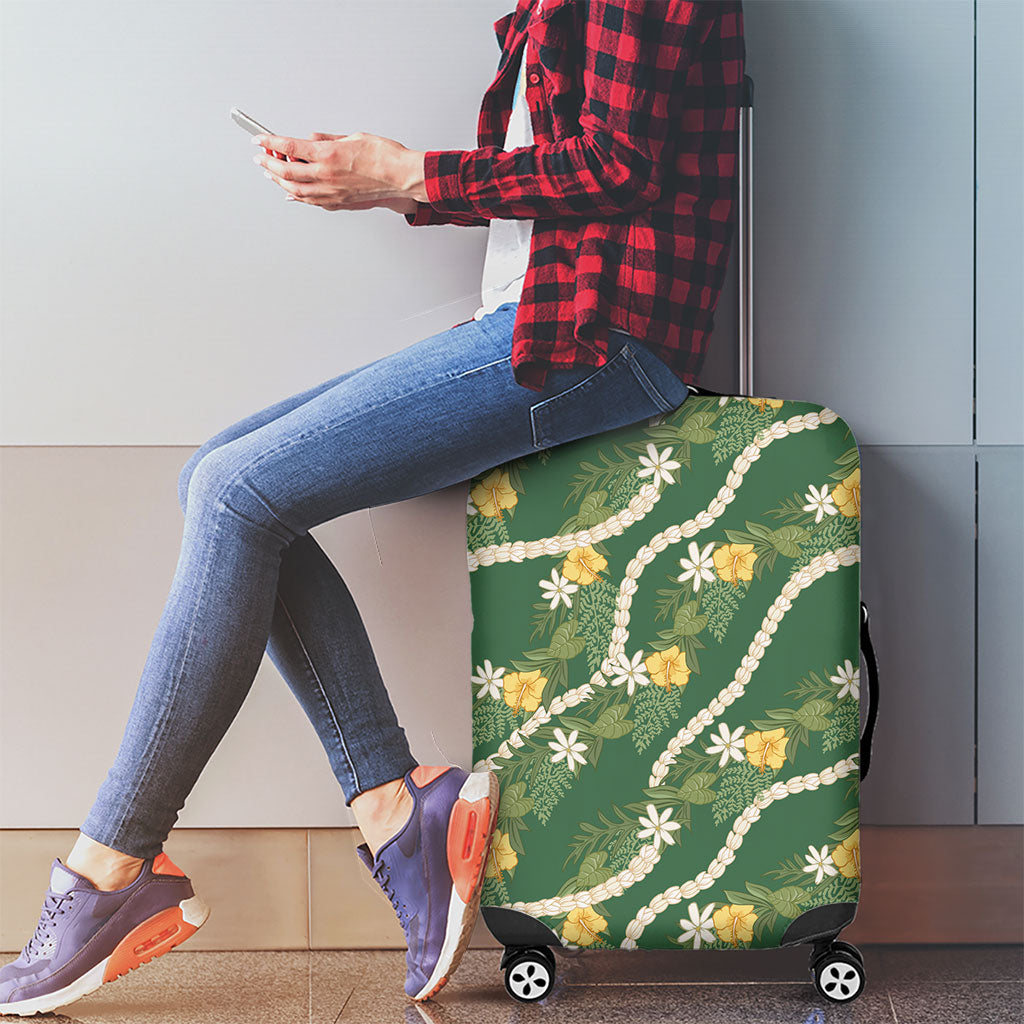 Hawaiian Pikake Maile Lei Luggage Cover Tiare Hibiscus Kalo Palapalai Leaf Green