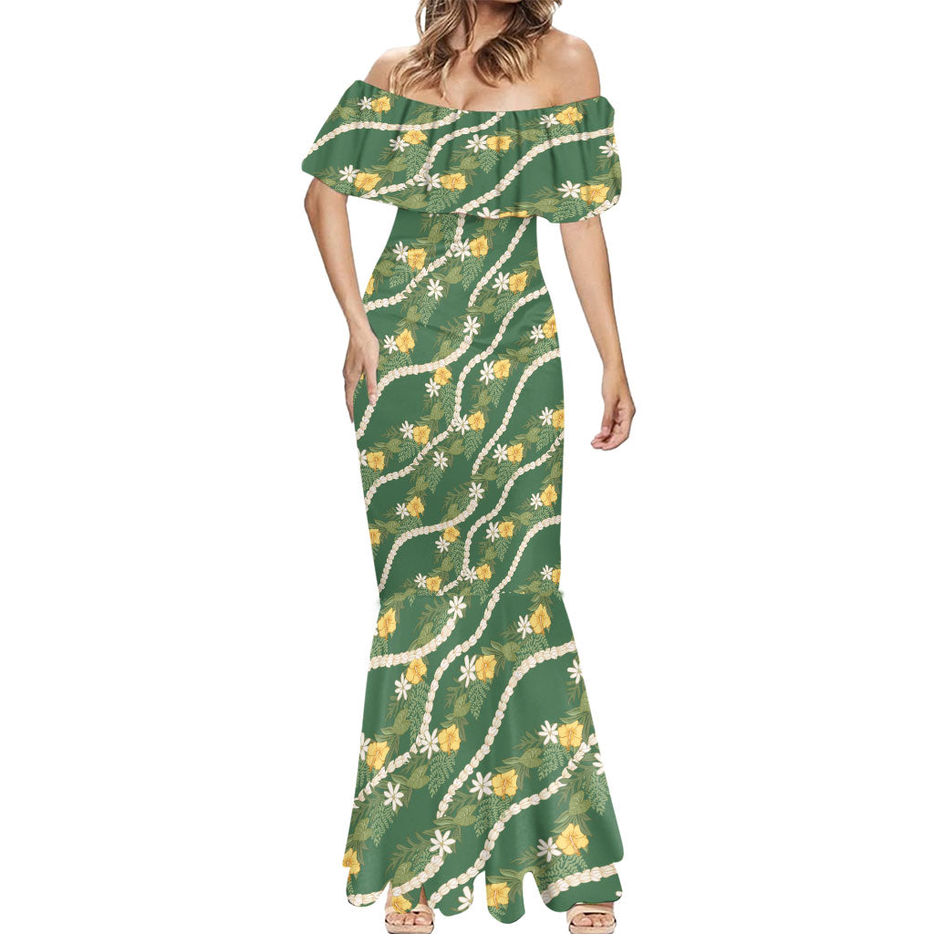 Hawaiian Pikake Maile Lei Mermaid Dress Tiare Hibiscus Kalo Palapalai Leaf Green LT19 - Polynesian Pride