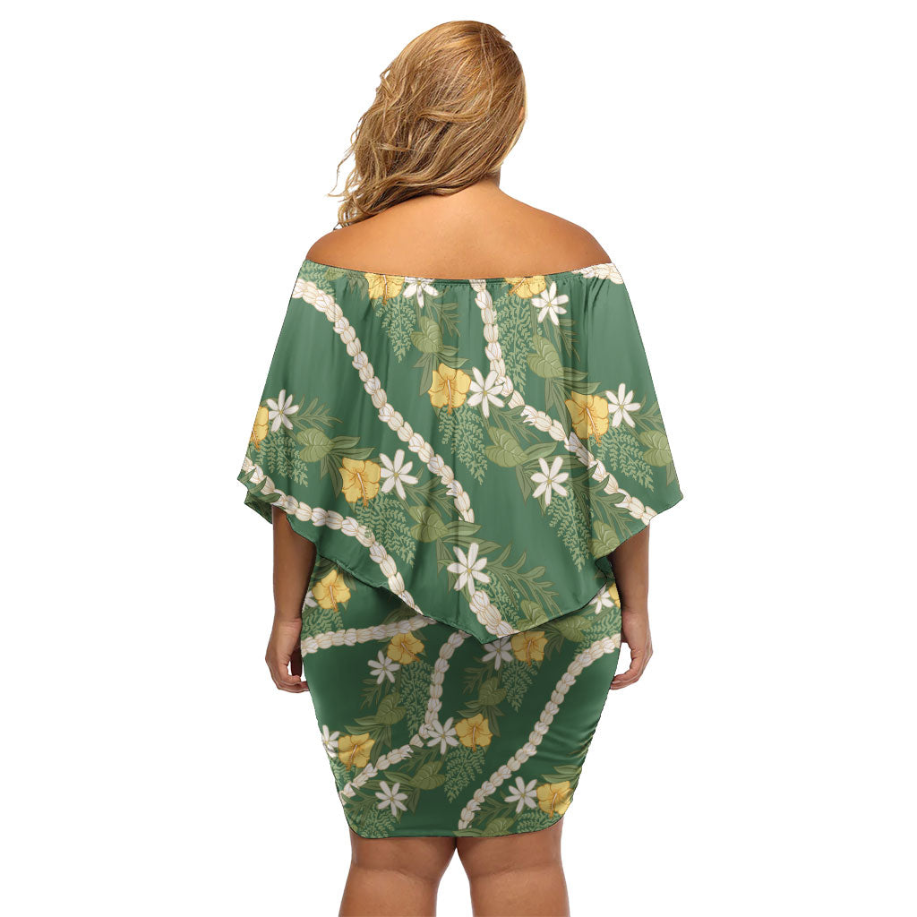 Hawaiian Pikake Maile Lei Off Shoulder Short Dress Tiare Hibiscus Kalo Palapalai Leaf Green