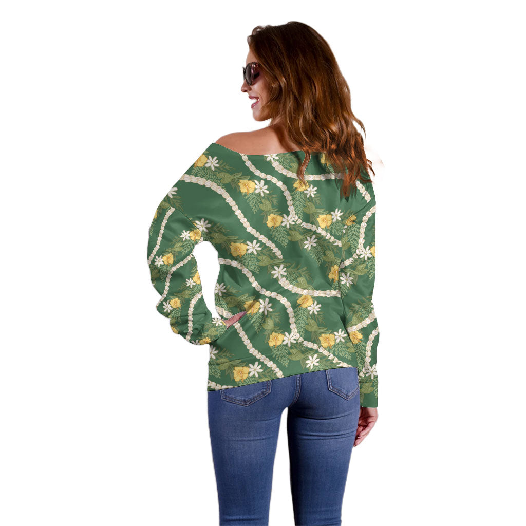 Hawaiian Pikake Maile Lei Off Shoulder Sweater Tiare Hibiscus Kalo Palapalai Leaf Green