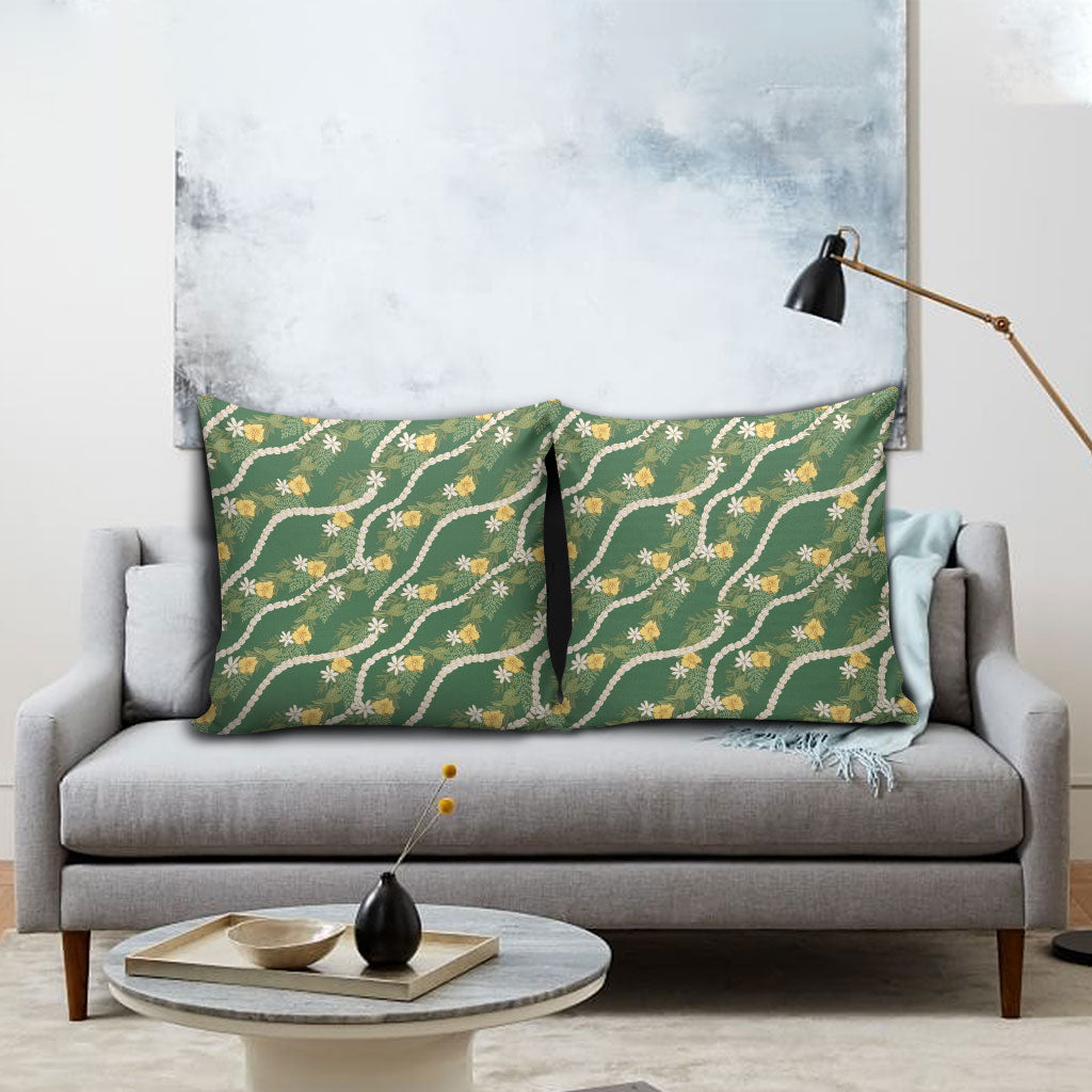 Hawaiian Pikake Maile Lei Pillow Cover Tiare Hibiscus Kalo Palapalai Leaf Green