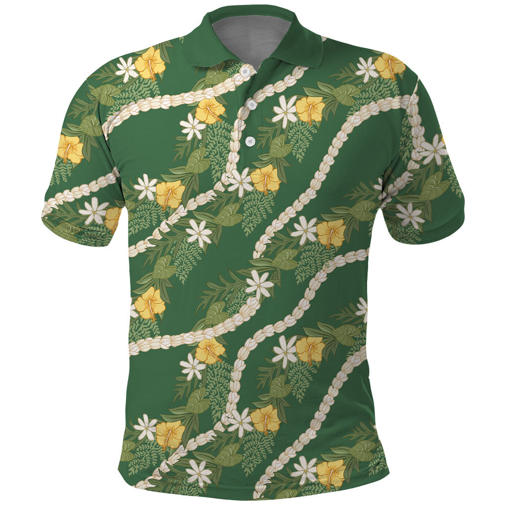 Hawaiian Pikake Maile Lei Polo Shirt Tiare Hibiscus Kalo Palapalai Leaf Green