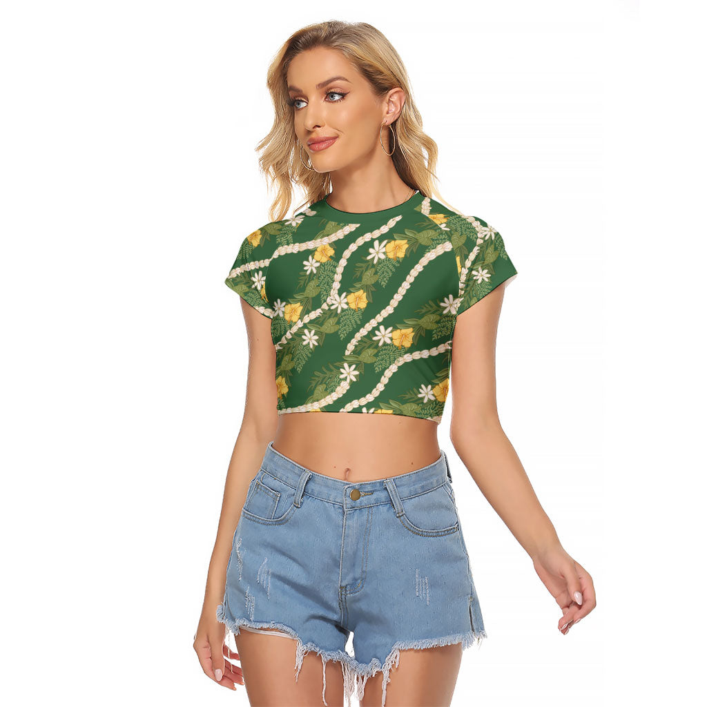 Hawaiian Pikake Maile Lei Raglan Cropped T Shirt Tiare Hibiscus Kalo Palapalai Leaf Green