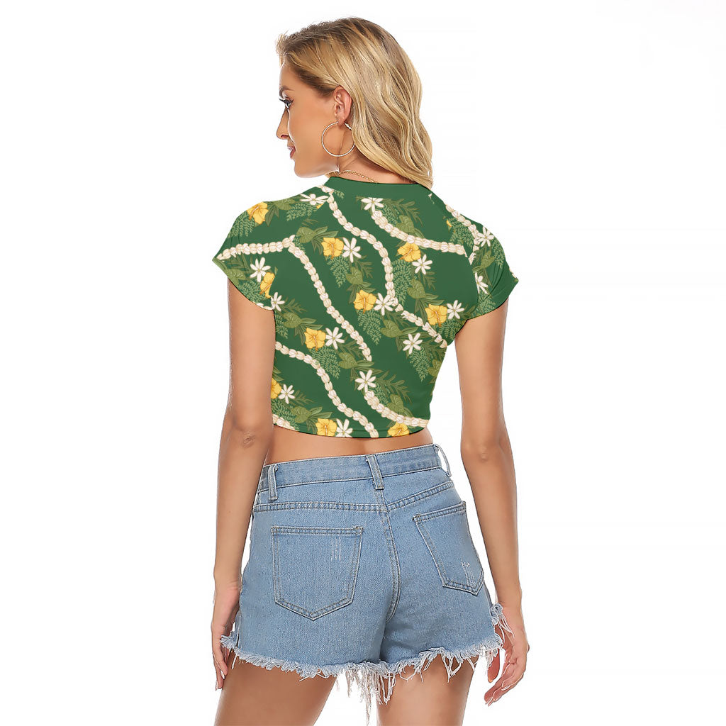 Hawaiian Pikake Maile Lei Raglan Cropped T Shirt Tiare Hibiscus Kalo Palapalai Leaf Green