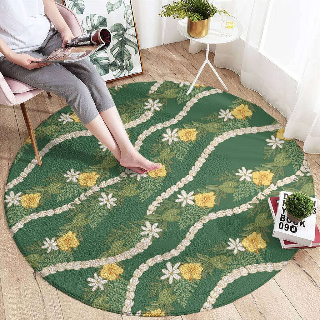 Hawaiian Pikake Maile Lei Round Carpet Tiare Hibiscus Kalo Palapalai Leaf Green