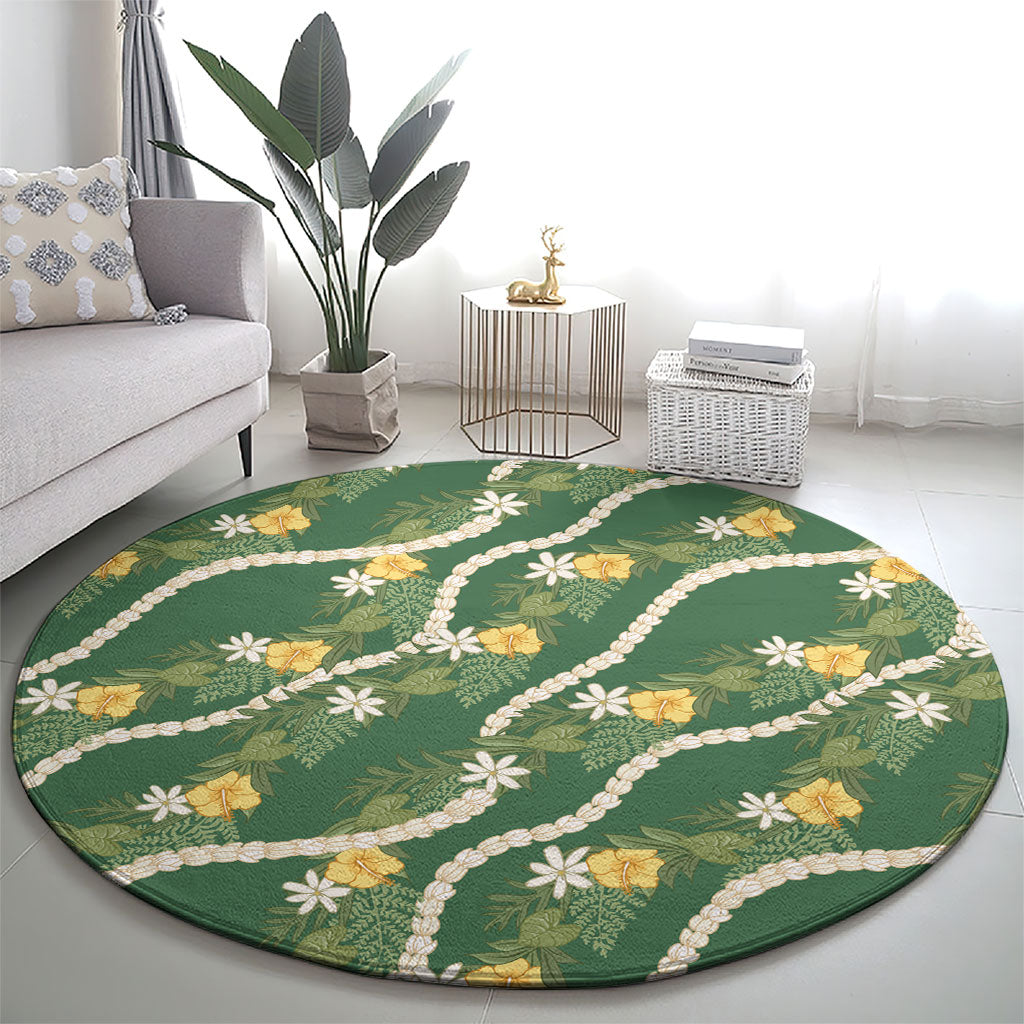 Hawaiian Pikake Maile Lei Round Carpet Tiare Hibiscus Kalo Palapalai Leaf Green