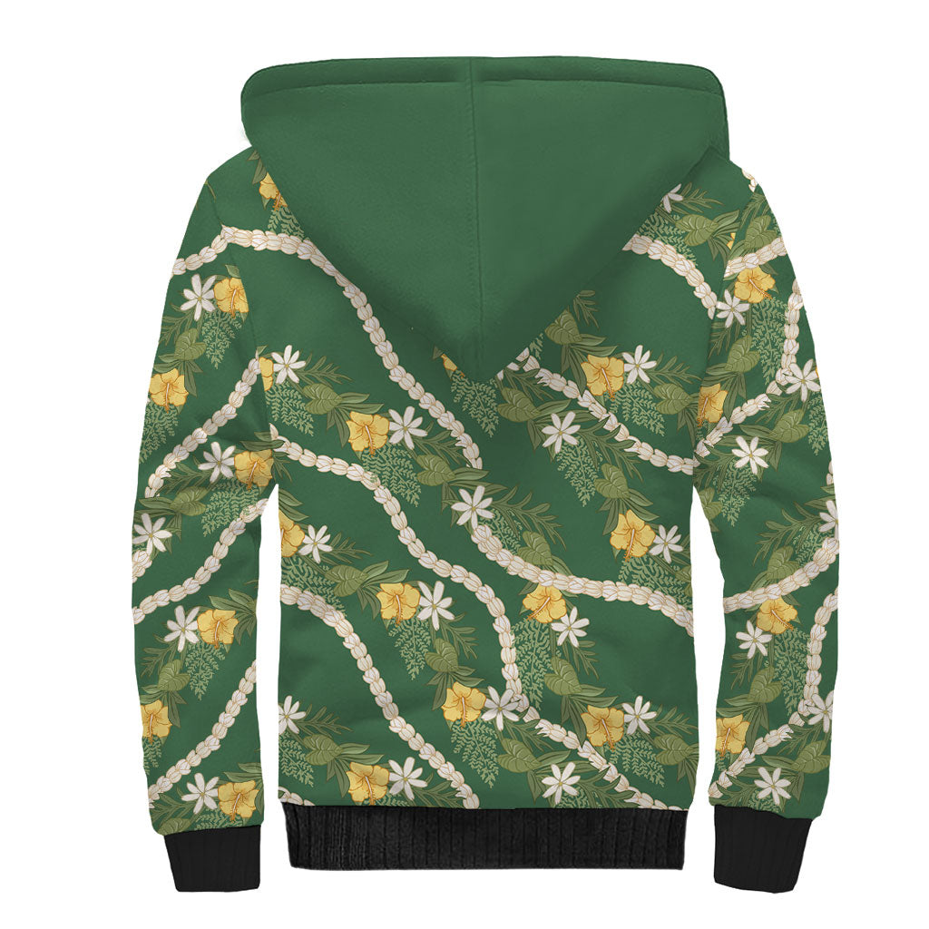 Hawaiian Pikake Maile Lei Sherpa Hoodie Tiare Hibiscus Kalo Palapalai Leaf Green LT19 - Polynesian Pride