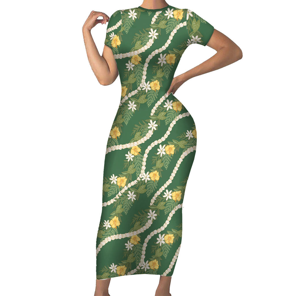 Hawaiian Pikake Maile Lei Short Sleeve Bodycon Dress Tiare Hibiscus Kalo Palapalai Leaf Green LT19 Long Dress Green - Polynesian Pride