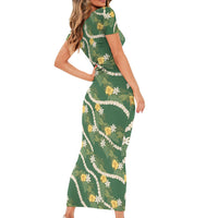 Hawaiian Pikake Maile Lei Short Sleeve Bodycon Dress Tiare Hibiscus Kalo Palapalai Leaf Green LT19 - Polynesian Pride