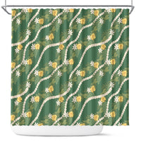 Hawaiian Pikake Maile Lei Shower Curtain Tiare Hibiscus Kalo Palapalai Leaf Green